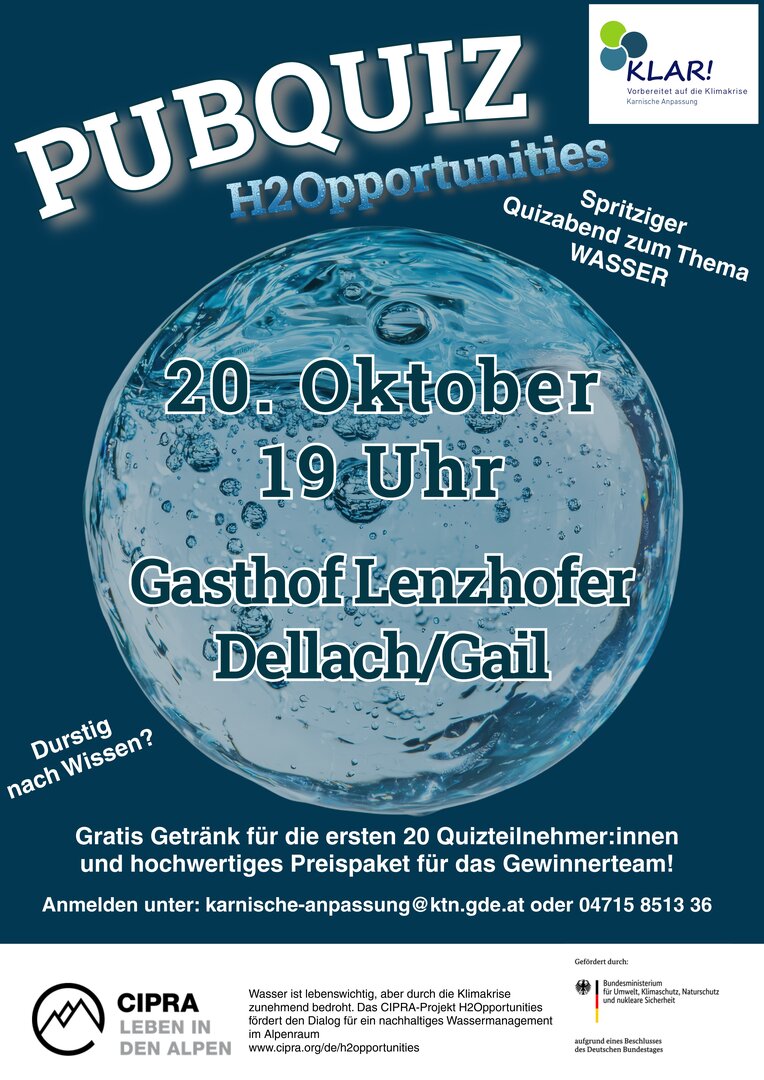 Pubquiz H2Opportunities am 20. Oktober 19 Uhr im Gasthof Lenzhofer Dellach/Gail